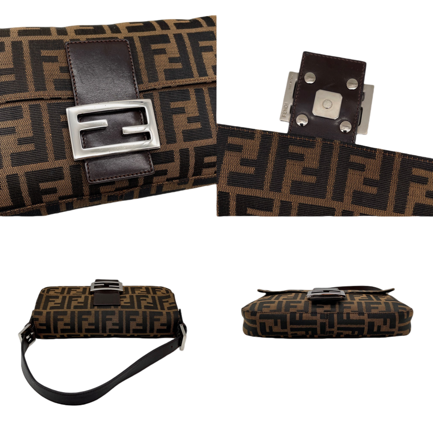 FENDI Zucca Canvas Mamma Baguette PM Shoulder Bag Brown &amp; Silver