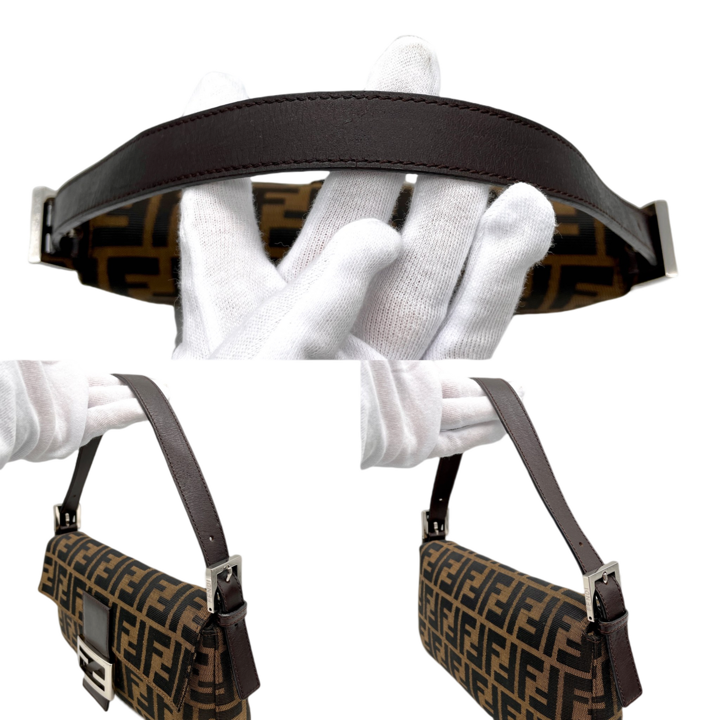 FENDI Zucca Canvas Mamma Baguette PM Shoulder Bag Brown &amp; Silver