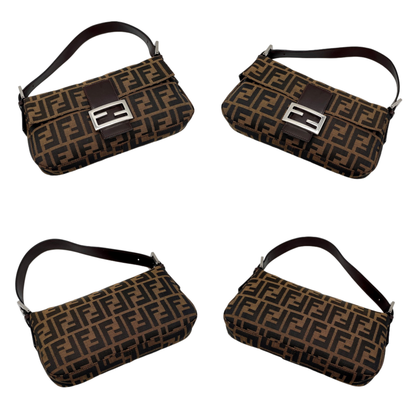 FENDI Zucca Canvas Mamma Baguette PM Shoulder Bag Brown &amp; Silver