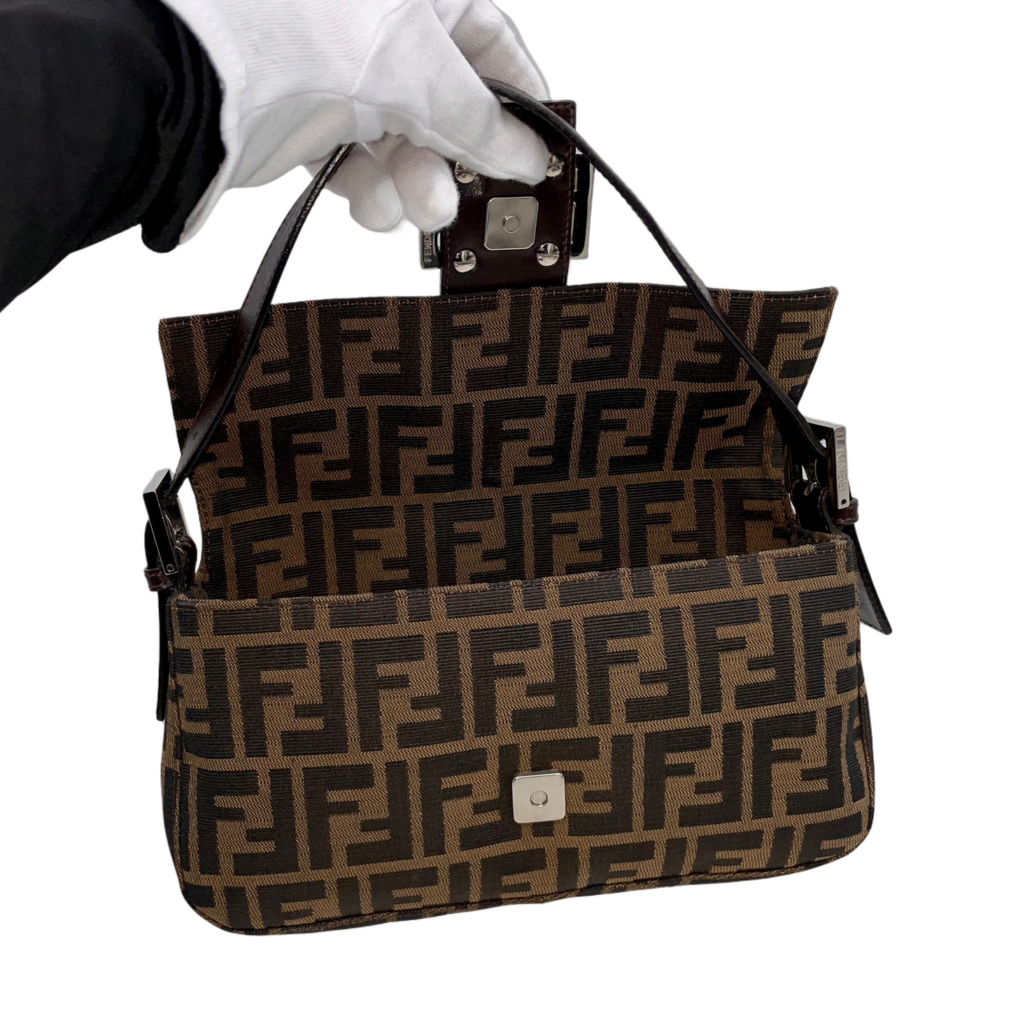 FENDI Zucca Canvas Mamma Baguette PM Shoulder Bag Brown &amp; Silver