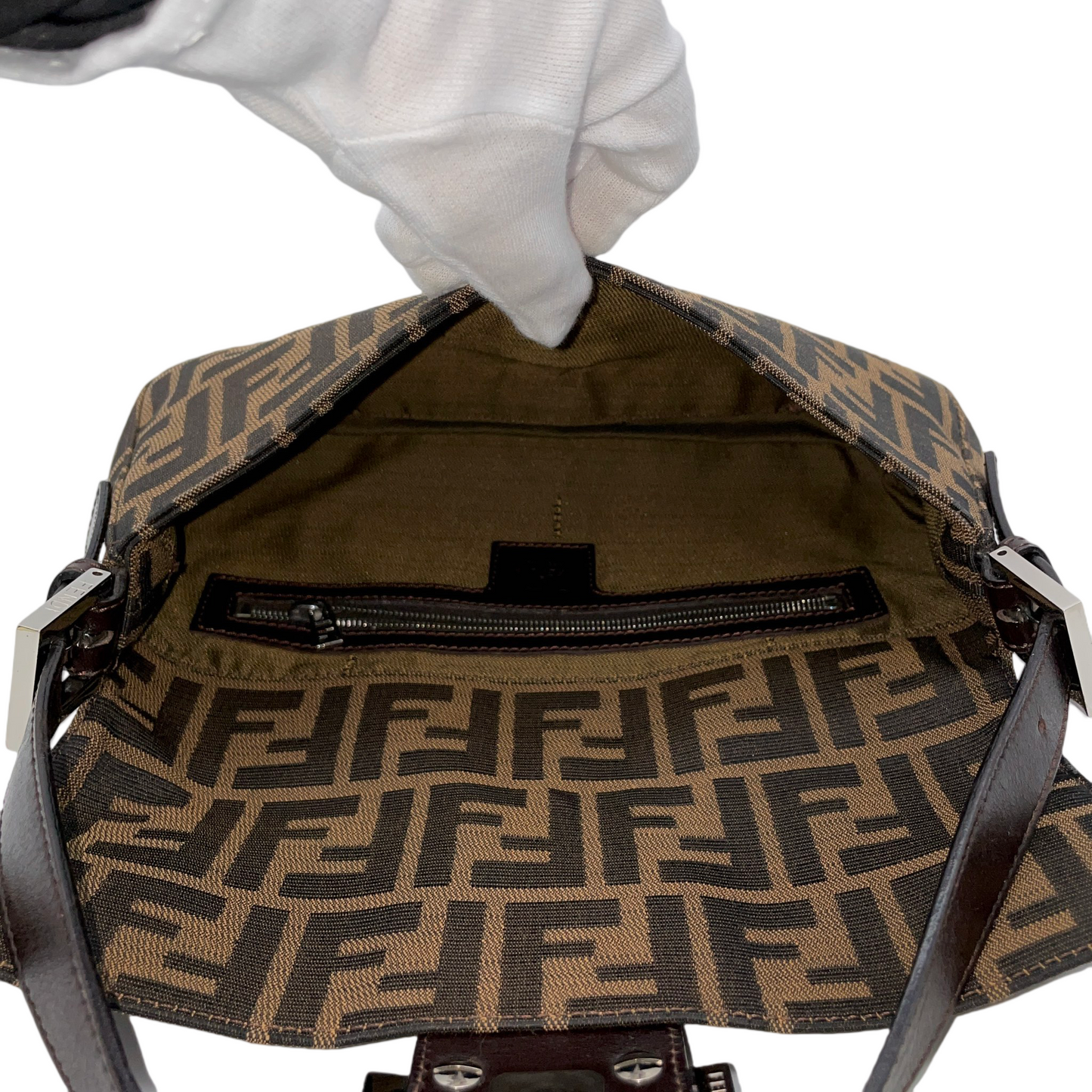 FENDI Zucca Canvas Mamma Baguette PM Shoulder Bag Brown &amp; Silver