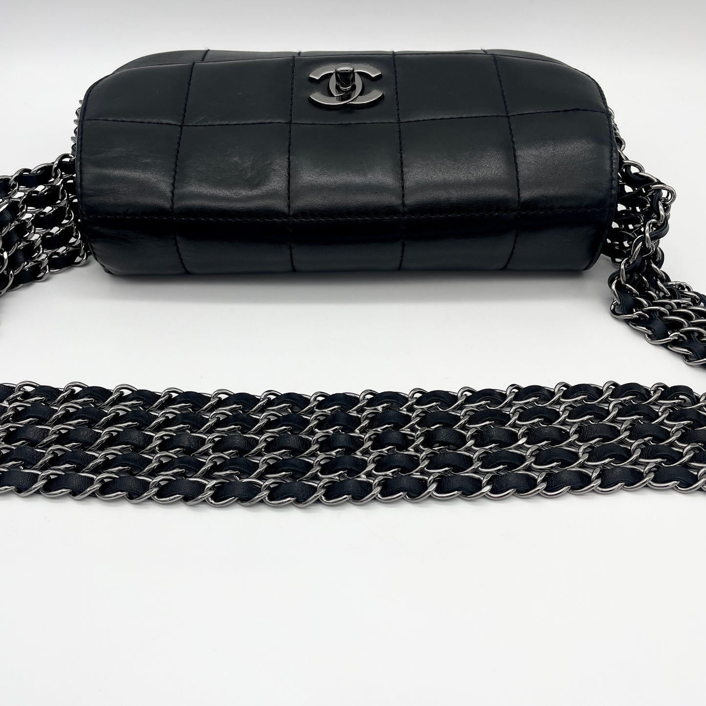 RARE☆☆☆☆☆CHANEL Chocolate Bar Turnlock 5 Chain Shoulder Flap Bag Black x Silver