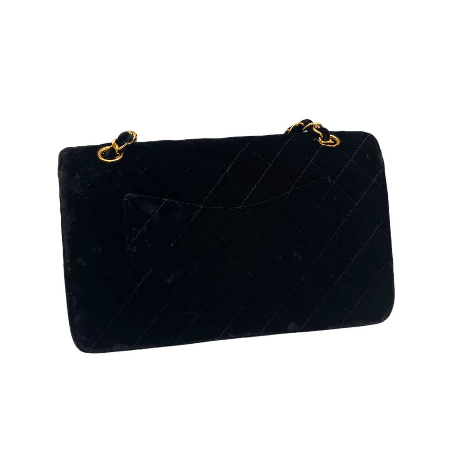 RARE☆☆☆☆☆CHANEL 1995 Matelassé Velvet Classic Double Chain Shoulder Double Flap Bag 25cm Black &amp; Gold #