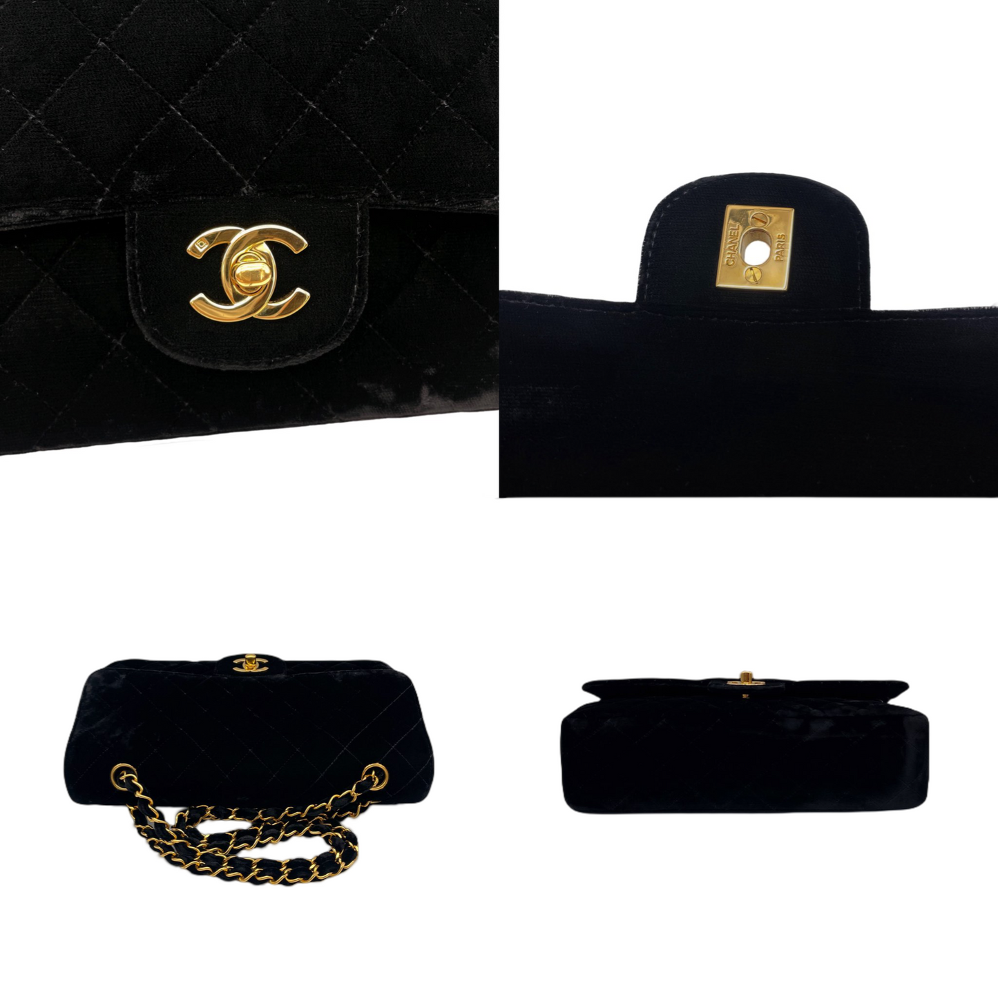 RARE☆☆☆☆☆CHANEL 1995 Matelassé Velvet Classic Double Chain Shoulder Double Flap Bag 25cm Black &amp; Gold #