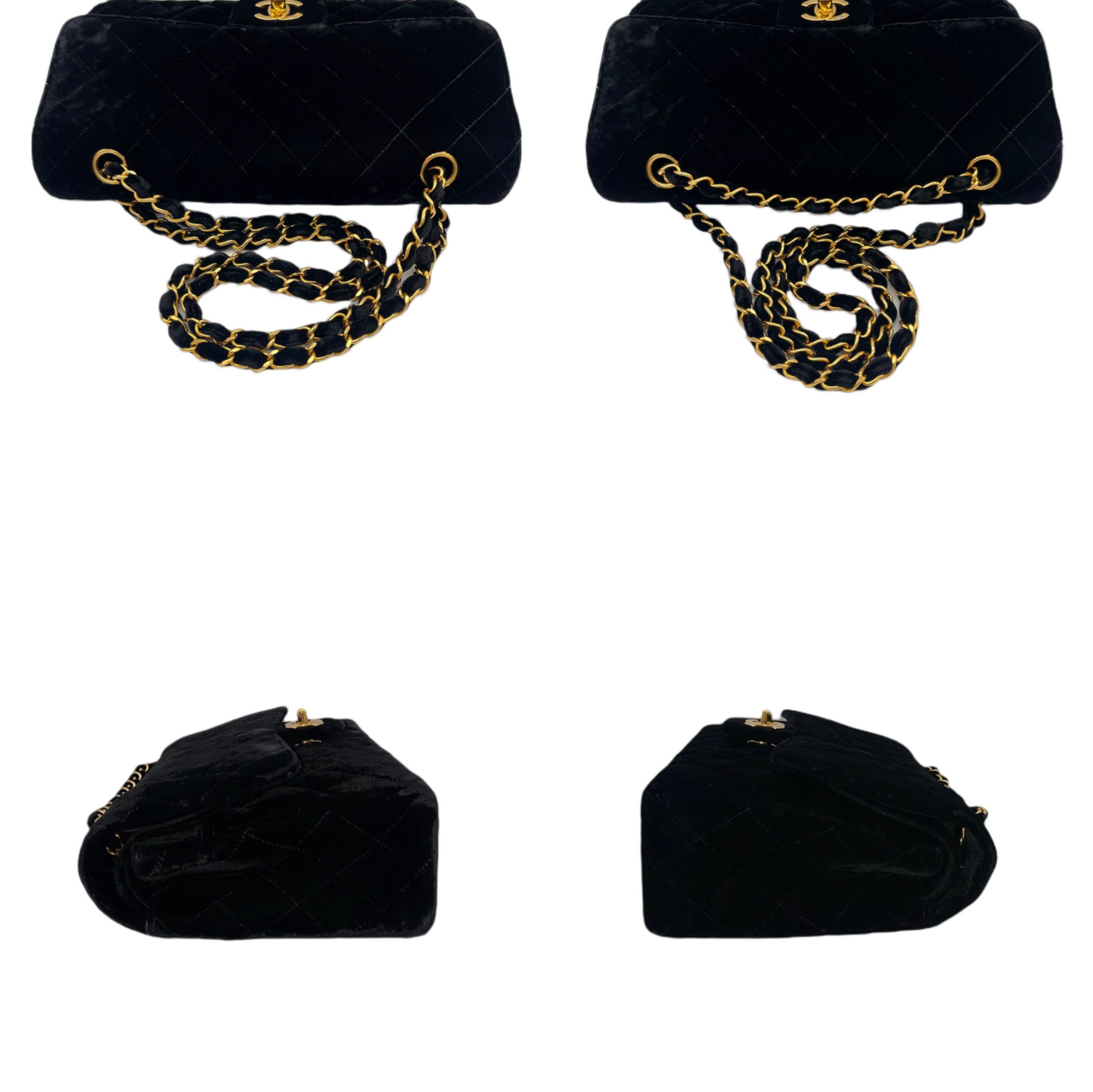 RARE☆☆☆☆☆CHANEL 1995 Matelassé Velvet Classic Double Chain Shoulder Double Flap Bag 25cm Black &amp; Gold #