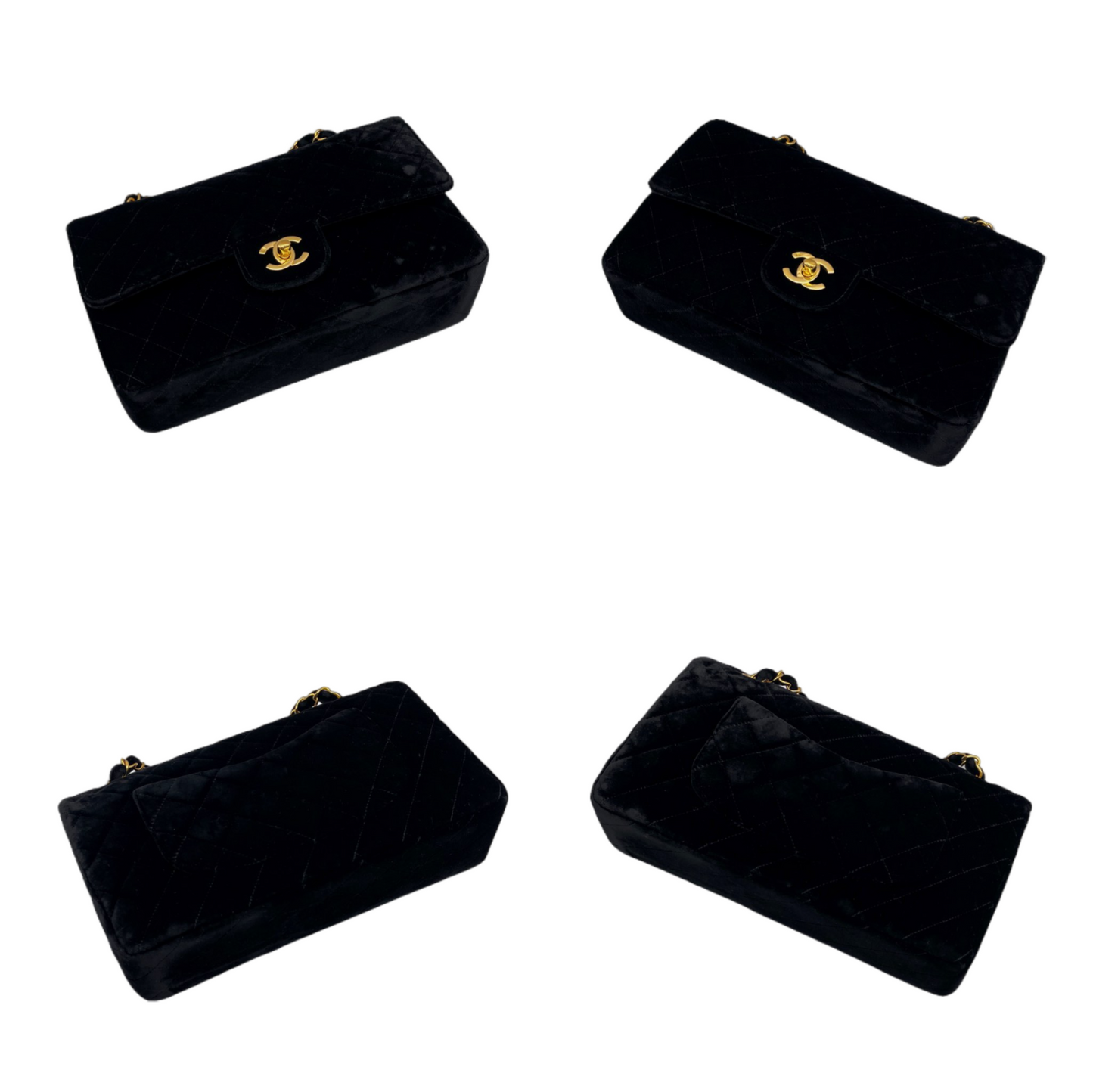 RARE☆☆☆☆☆CHANEL 1995 Matelassé Velvet Classic Double Chain Shoulder Double Flap Bag 25cm Black &amp; Gold #