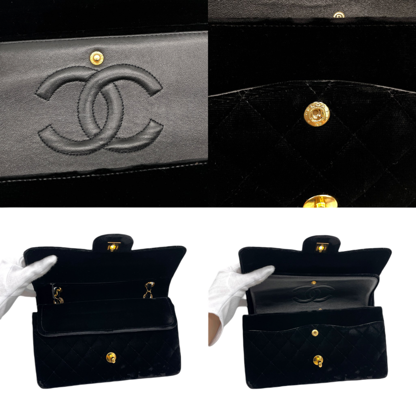RARE☆☆☆☆☆CHANEL 1995 Matelassé Velvet Classic Double Chain Shoulder Double Flap Bag 25cm Black &amp; Gold #
