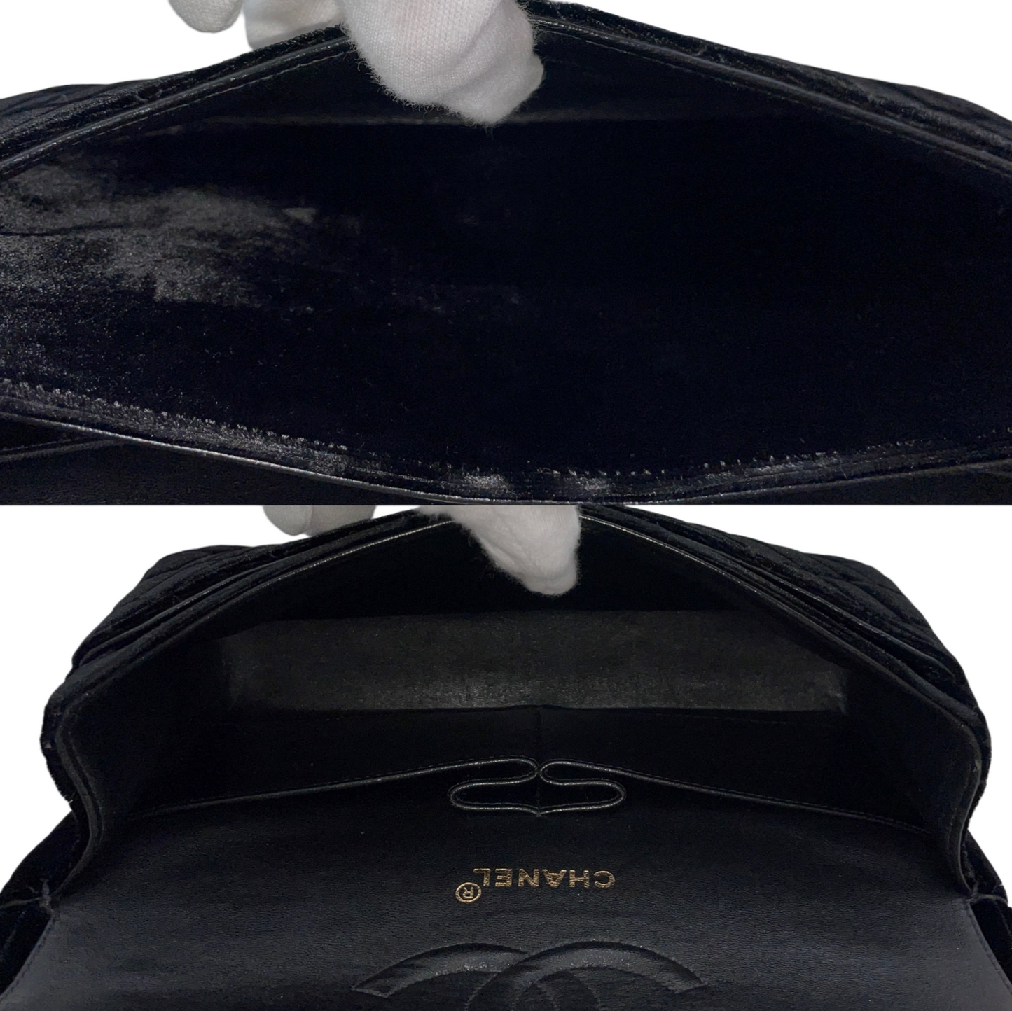 RARE☆☆☆☆☆CHANEL 1995 Matelassé Velvet Classic Double Chain Shoulder Double Flap Bag 25cm Black &amp; Gold #