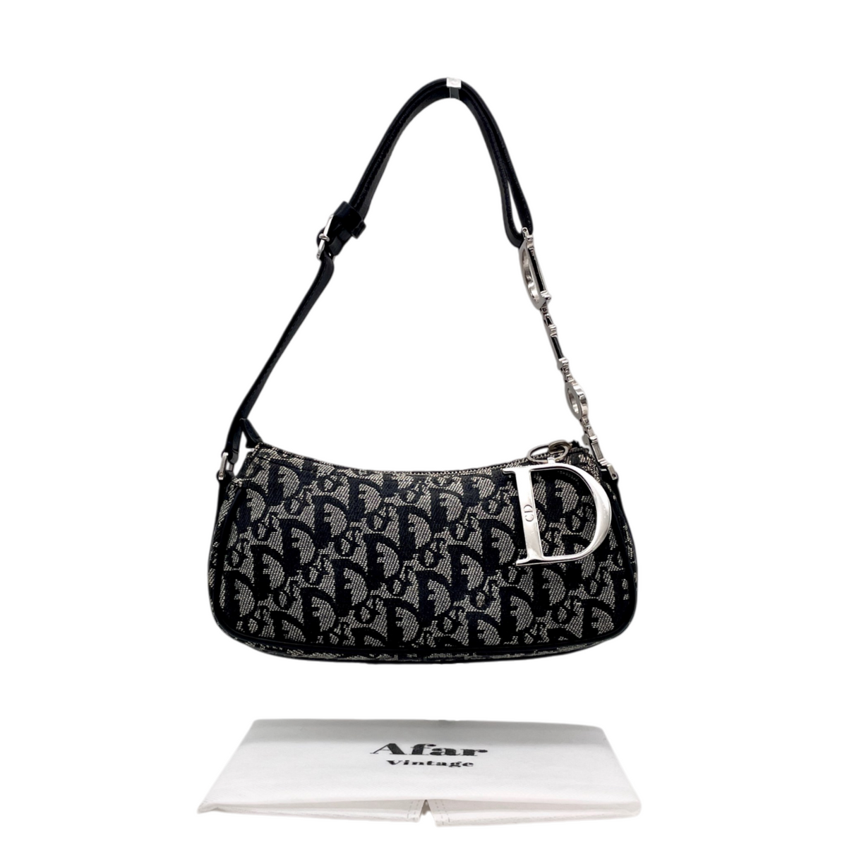 RARE★★★★CHRISTIAN DIOR 2006 Trotter Canvas and Leather D Charm Punk Shoulder Bag Small Black and Silver