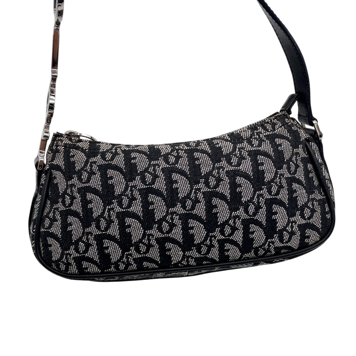 RARE★★★★CHRISTIAN DIOR 2006 Trotter Canvas and Leather D Charm Punk Shoulder Bag Small Black and Silver