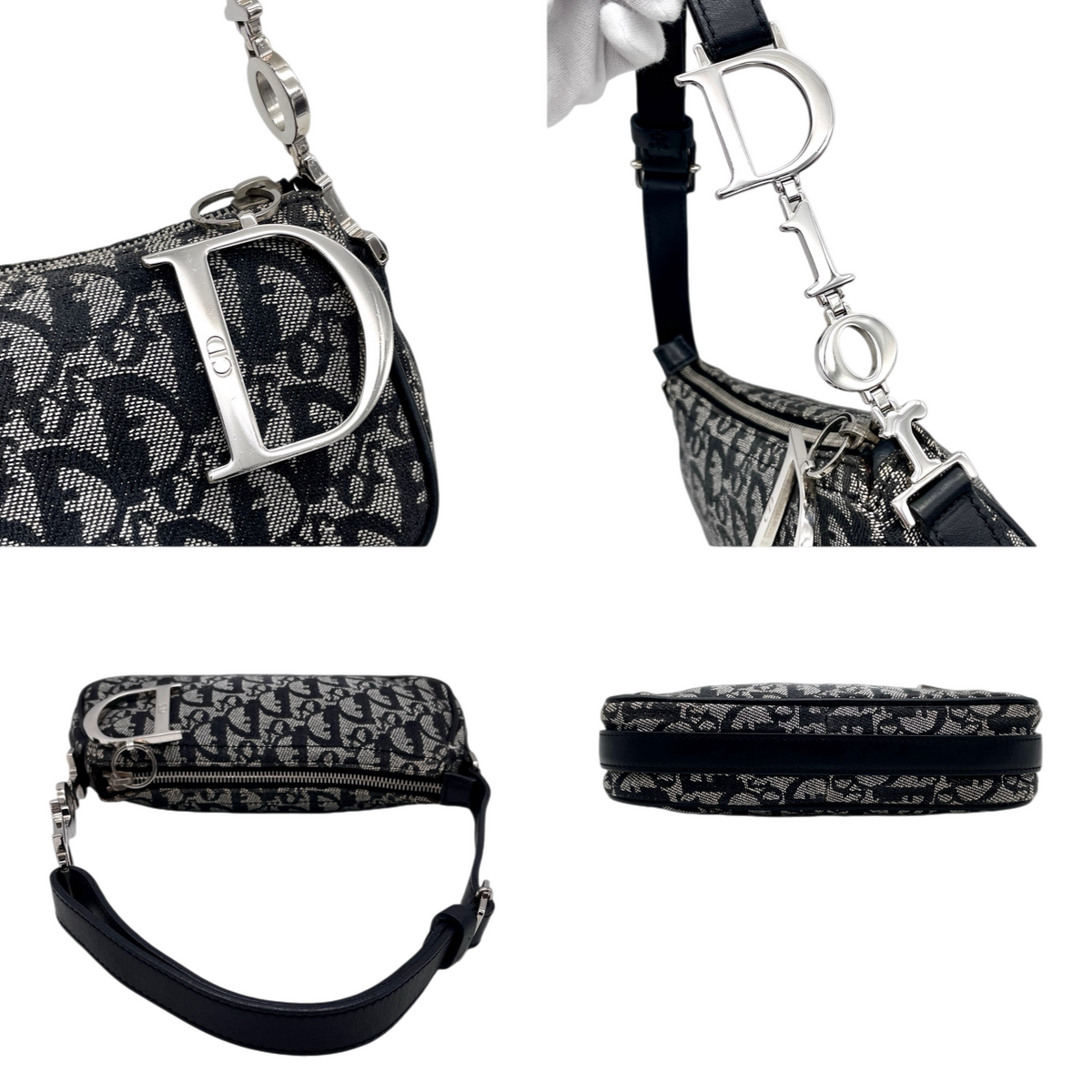 RARE★★★★CHRISTIAN DIOR 2006 Trotter Canvas and Leather D Charm Punk Shoulder Bag Small Black and Silver