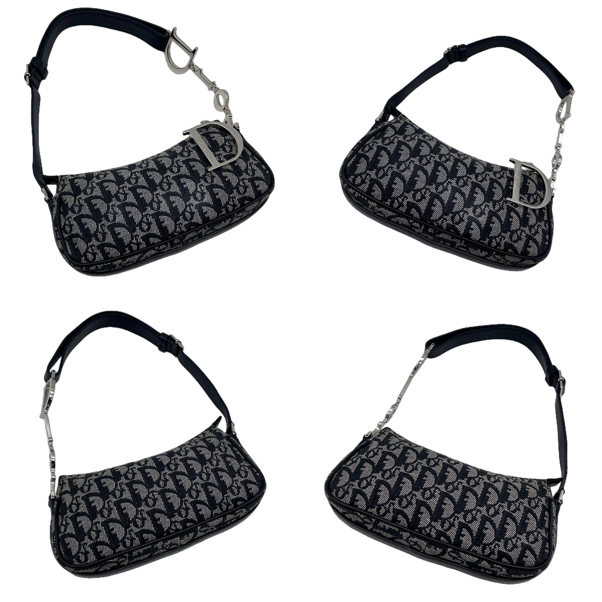 RARE★★★★CHRISTIAN DIOR 2006 Trotter Canvas and Leather D Charm Punk Shoulder Bag Small Black and Silver