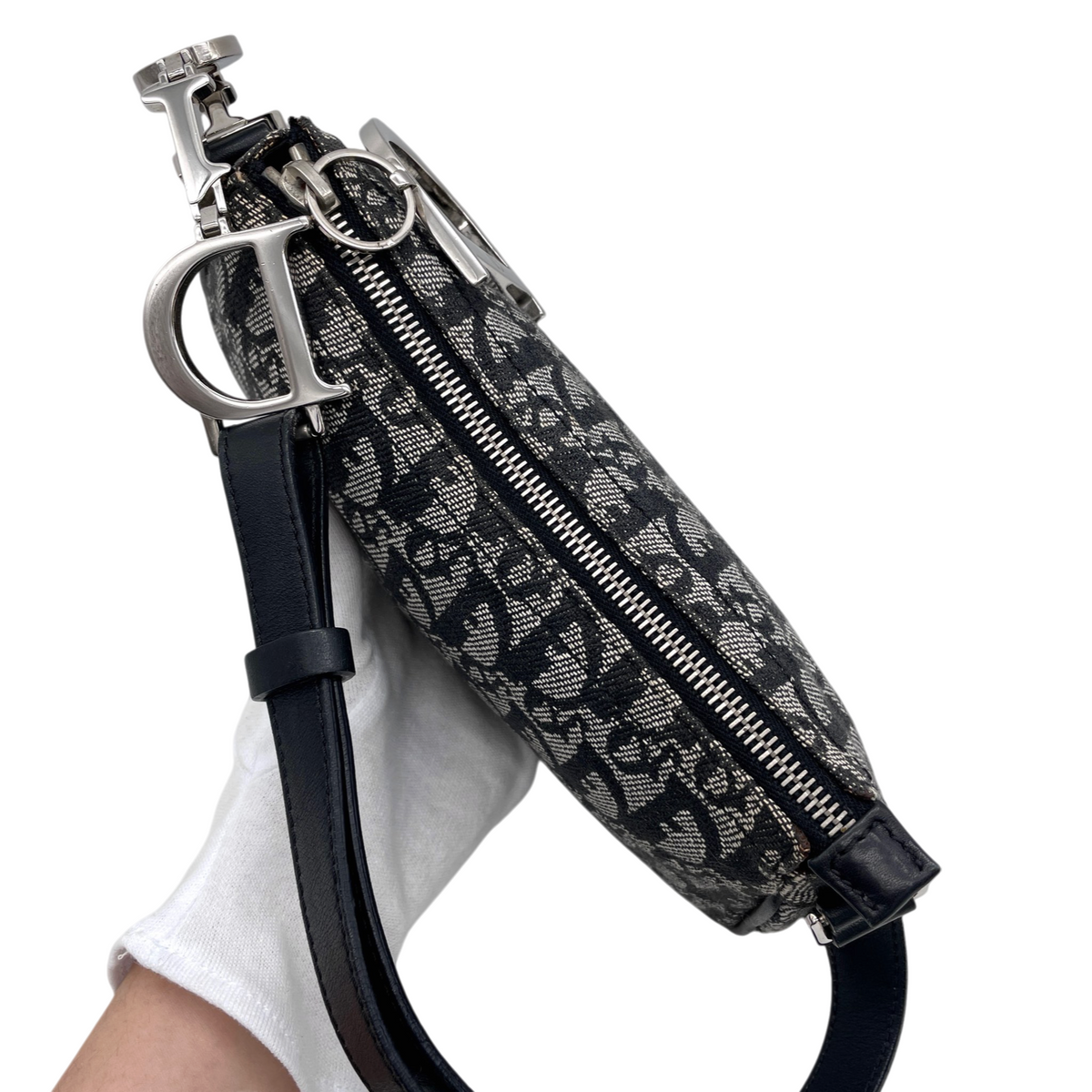 RARE★★★★CHRISTIAN DIOR 2006 Trotter Canvas and Leather D Charm Punk Shoulder Bag Small Black and Silver