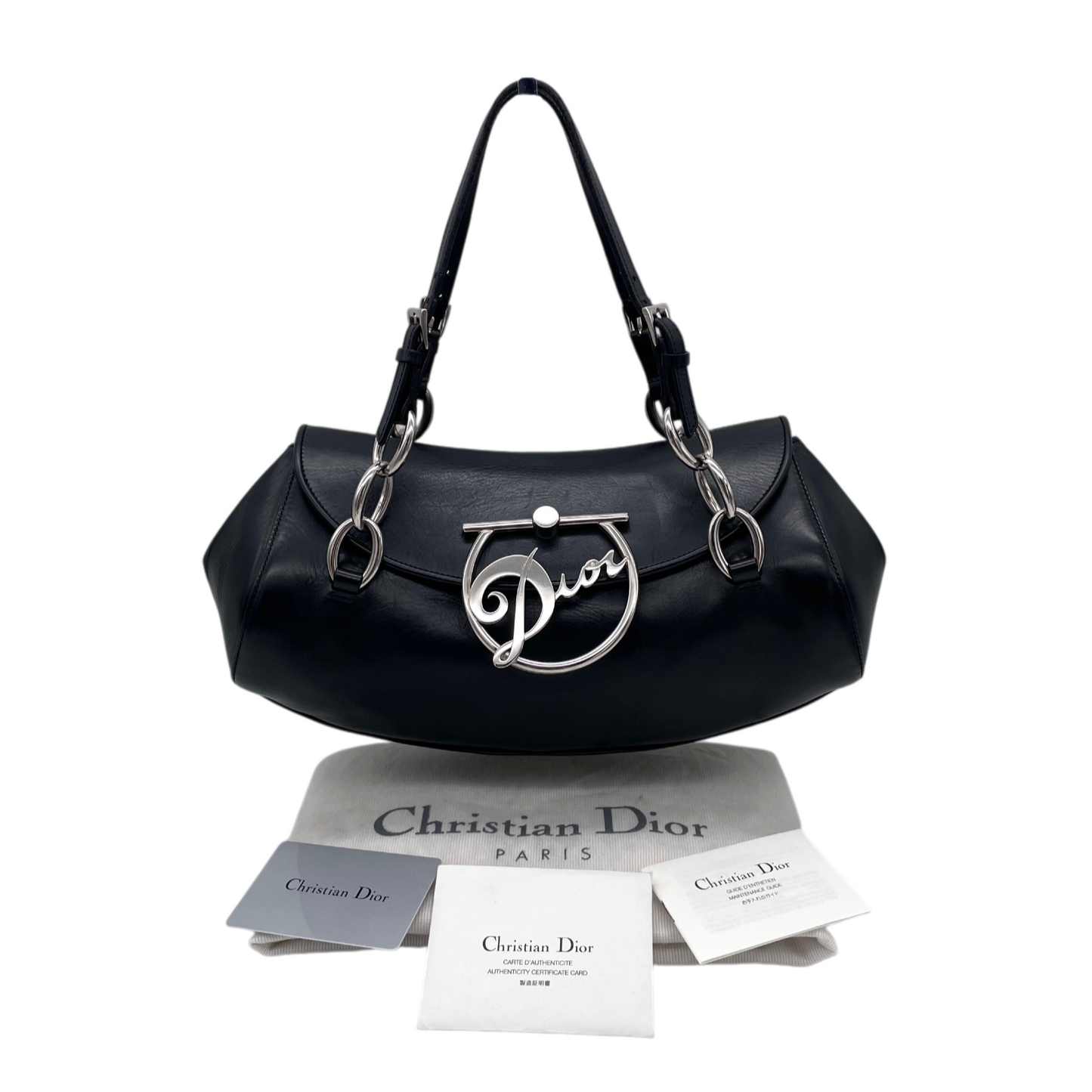 RARE★★★★★CHRISTIAN DIOR 2004 Leather Galliano Era Signature Top Handle Bag Small Black/Silver