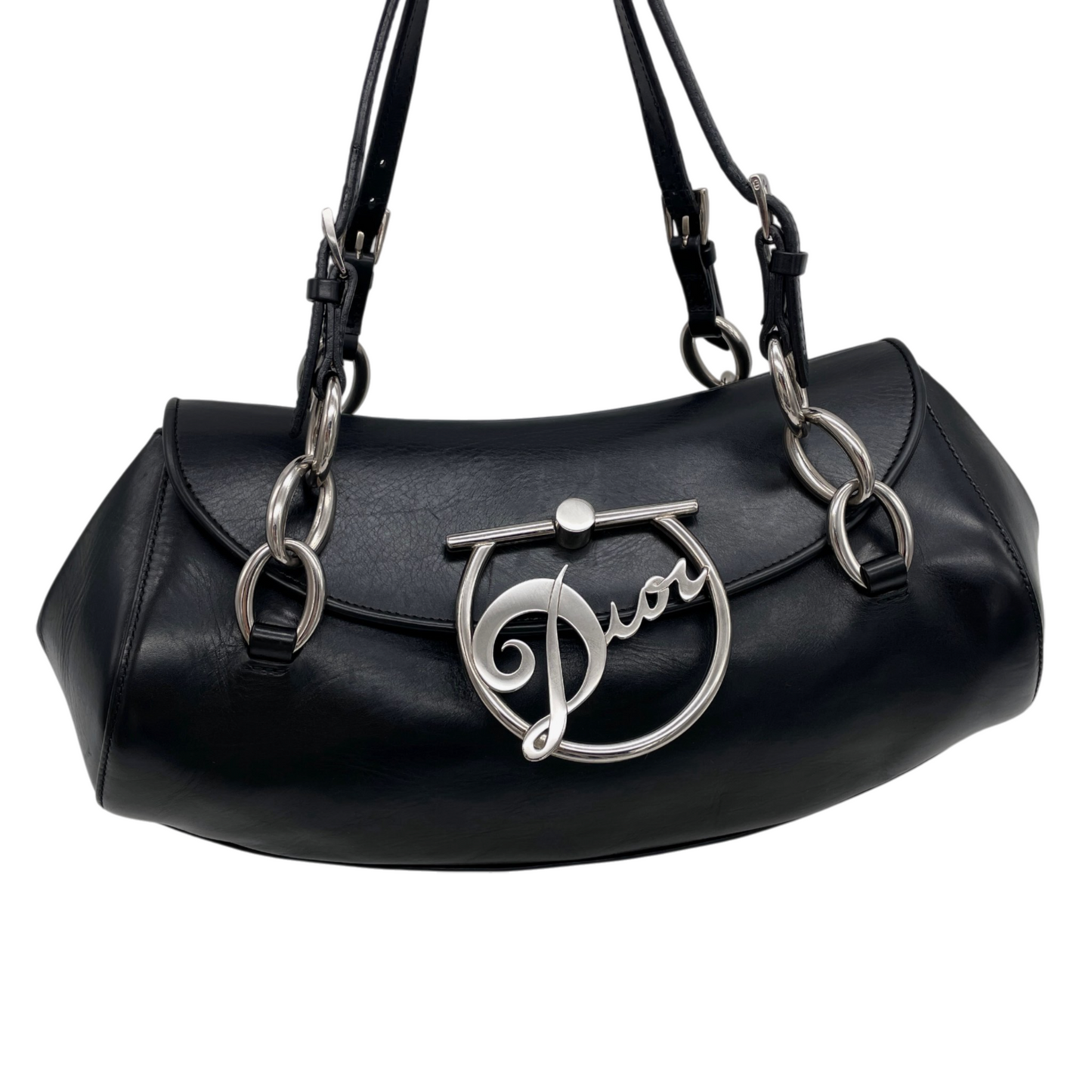 RARE★★★★★CHRISTIAN DIOR 2004 Leather Galliano Era Signature Top Handle Bag Small Black/Silver