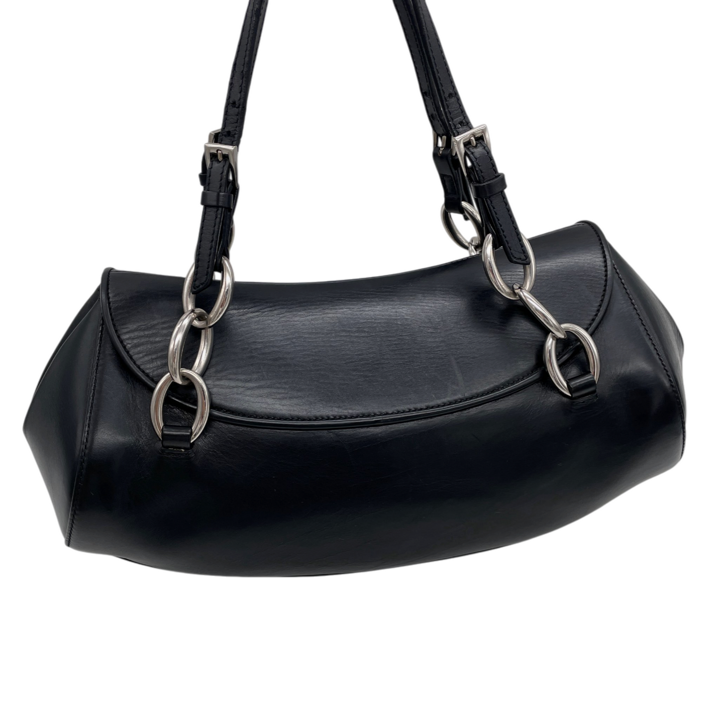 RARE★★★★★CHRISTIAN DIOR 2004 Leather Galliano Era Signature Top Handle Bag Small Black/Silver