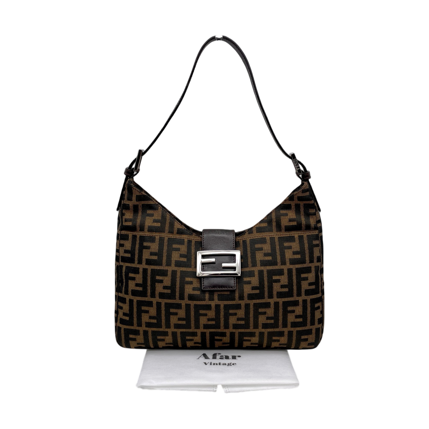 FENDI Zucca Canvas V-Shaped Mamma Baguette Shoulder Bag Brown &amp; Silver