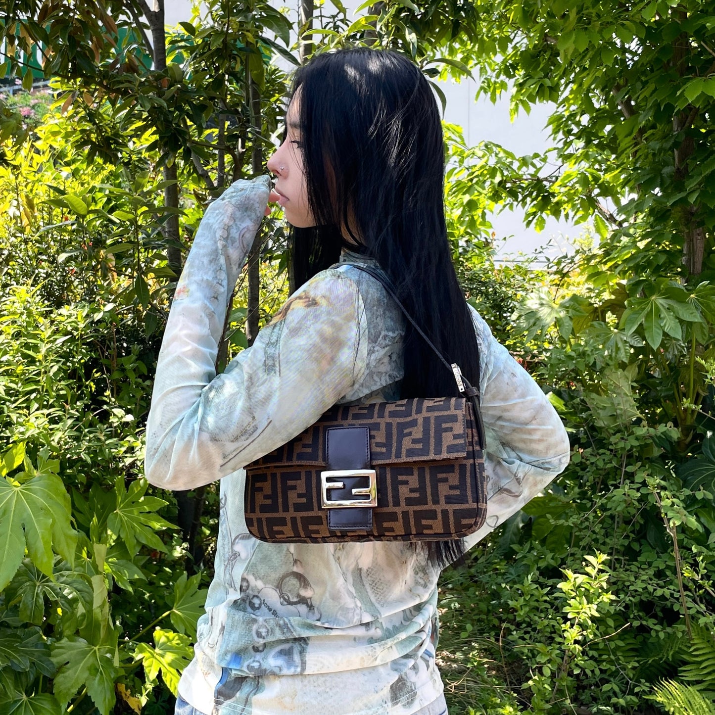 FENDI Zucca Canvas Mamma Baguette PM Shoulder Bag Brown & Silver