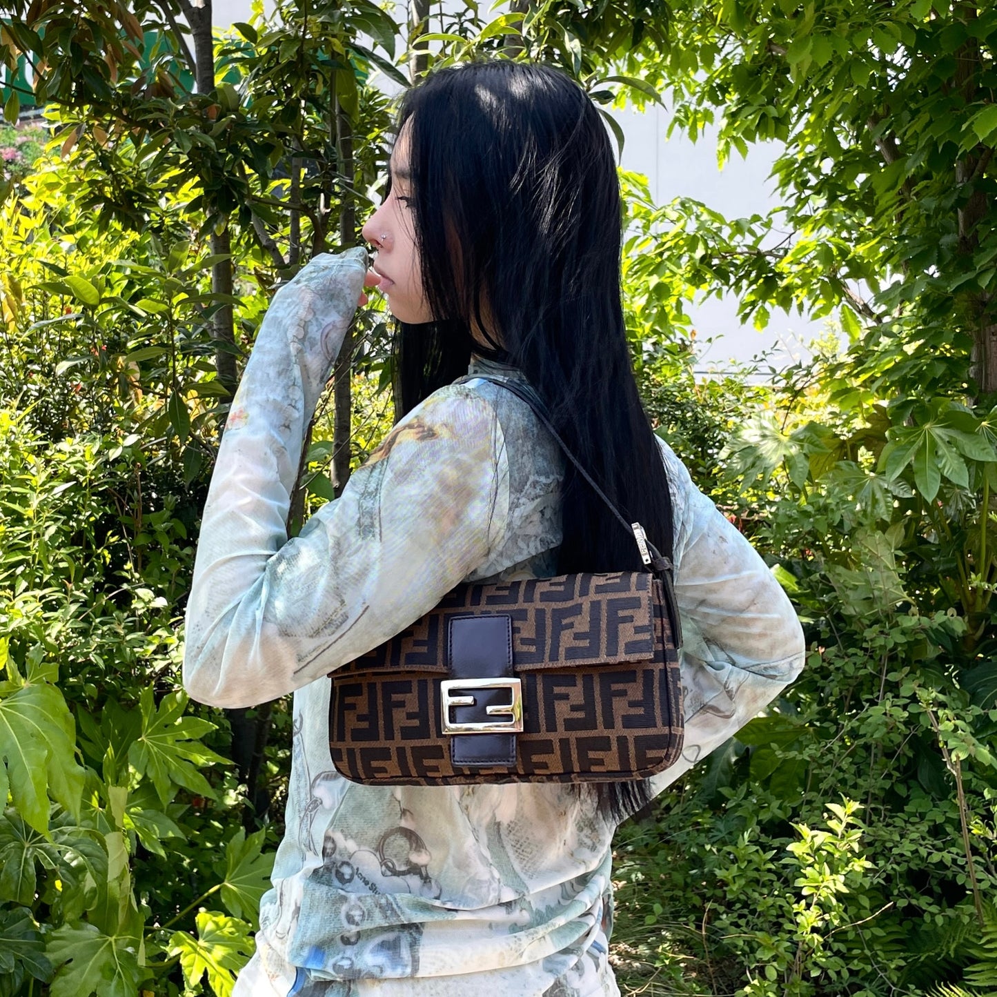 FENDI Zucca Canvas Mamma Baguette PM Shoulder Bag Brown & Silver