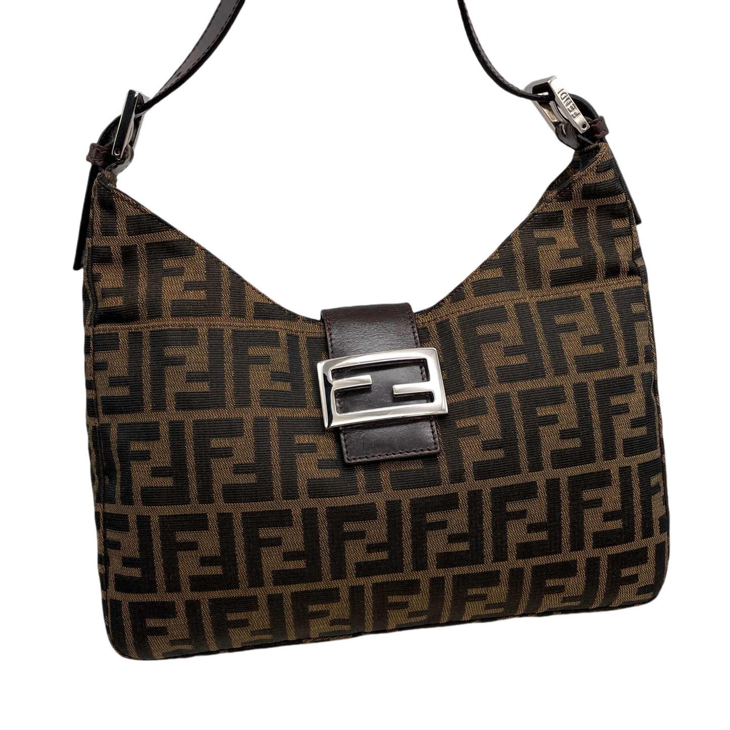 FENDI Zucca Canvas V-Shaped Mamma Baguette Shoulder Bag Brown &amp; Silver