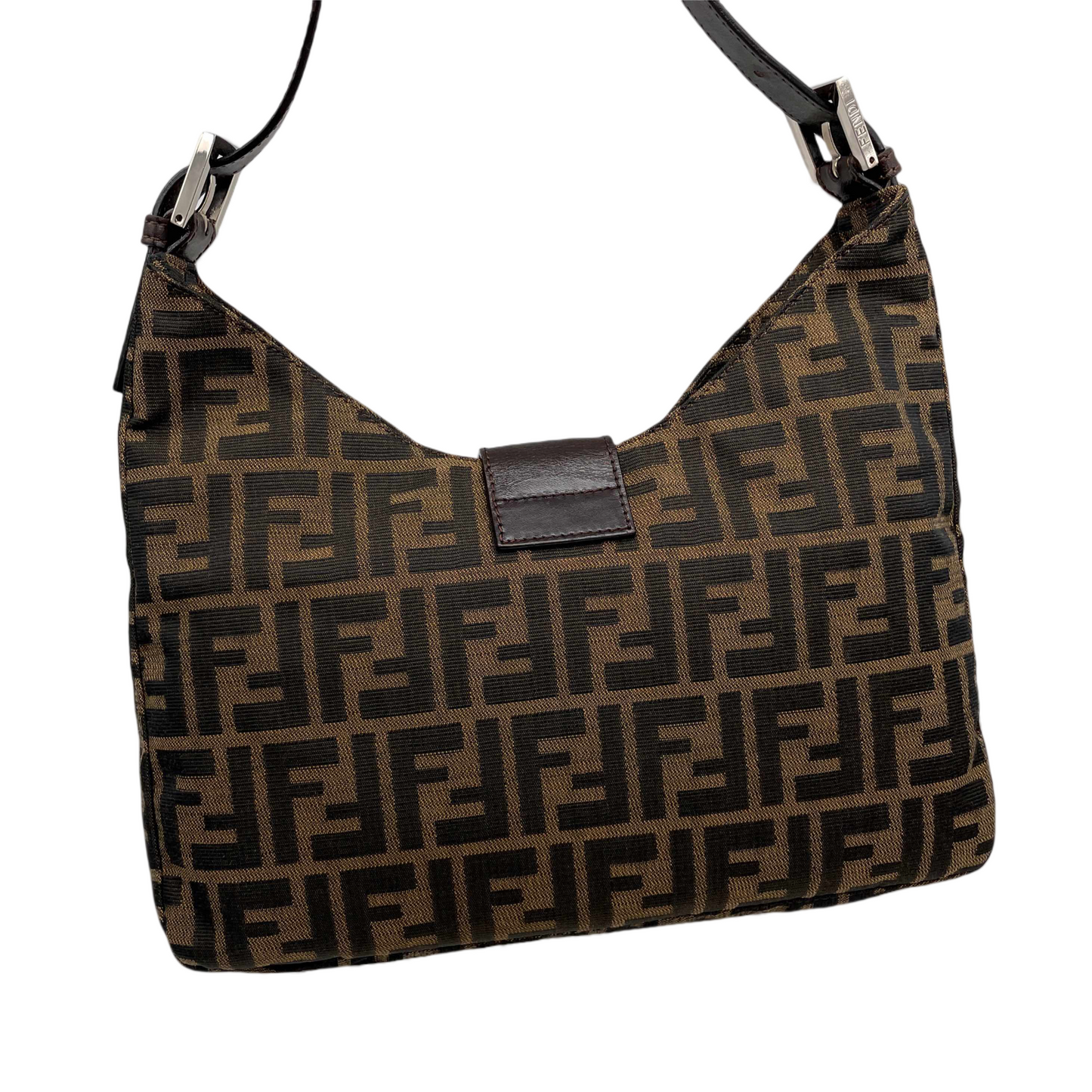 FENDI Zucca Canvas V-Shaped Mamma Baguette Shoulder Bag Brown &amp; Silver