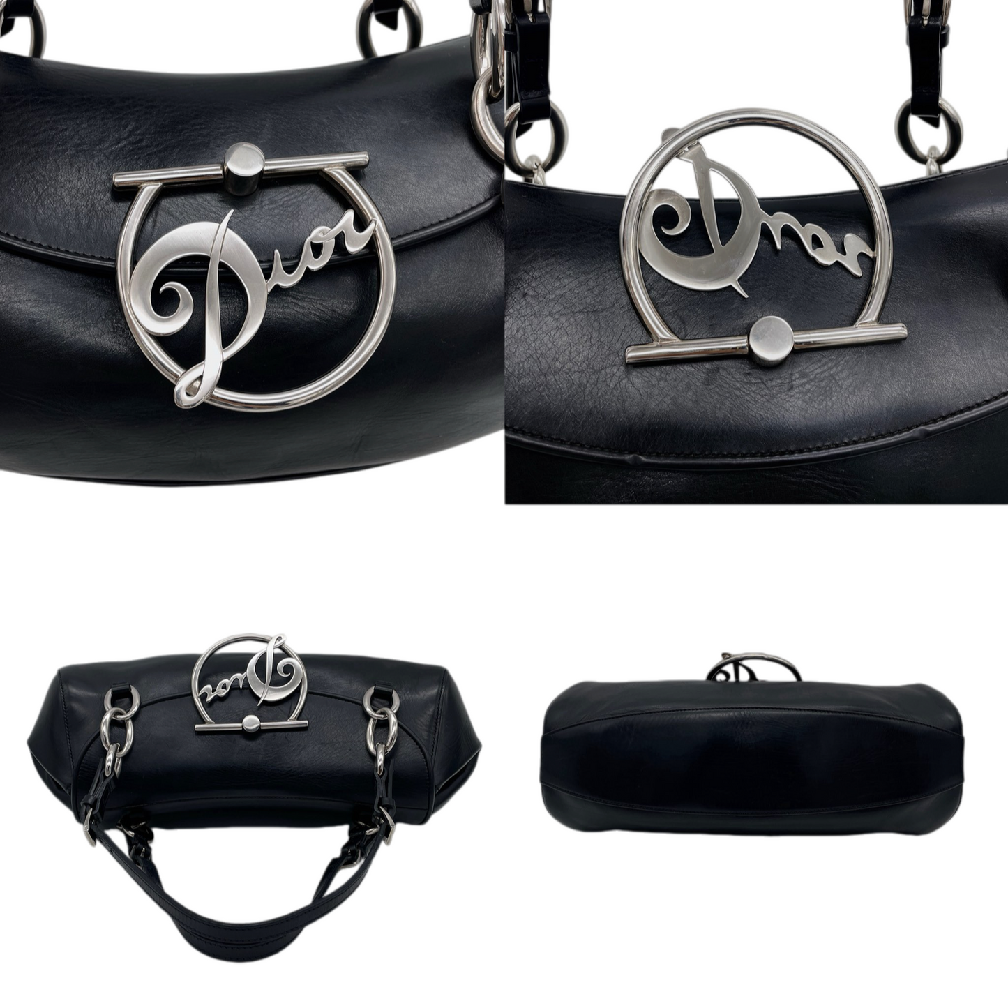 RARE★★★★★CHRISTIAN DIOR 2004 Leather Galliano Era Signature Top Handle Bag Small Black/Silver