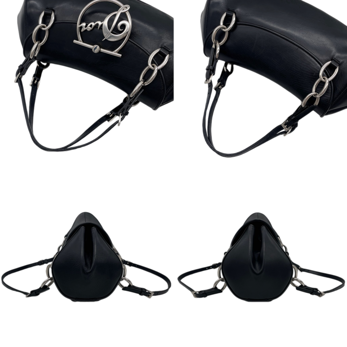 RARE★★★★★CHRISTIAN DIOR 2004 Leather Galliano Era Signature Top Handle Bag Small Black/Silver