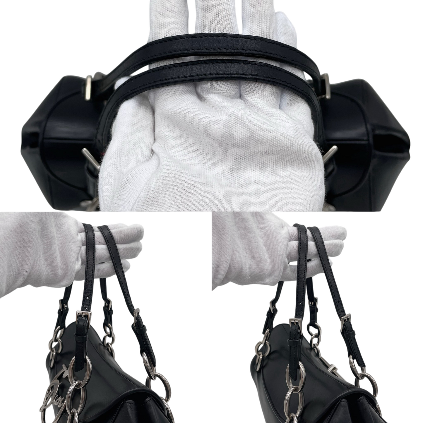 RARE★★★★★CHRISTIAN DIOR 2004 Leather Galliano Era Signature Top Handle Bag Small Black/Silver