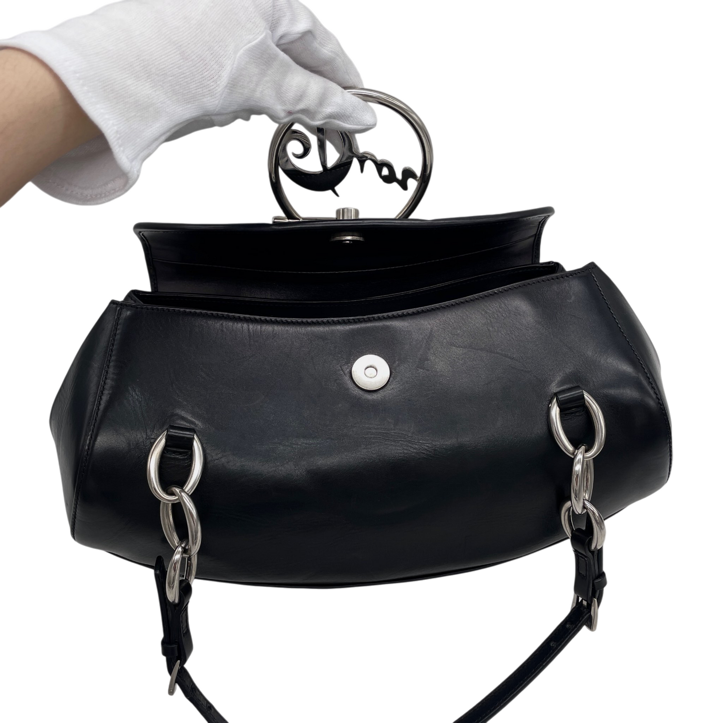 RARE★★★★★CHRISTIAN DIOR 2004 Leather Galliano Era Signature Top Handle Bag Small Black/Silver