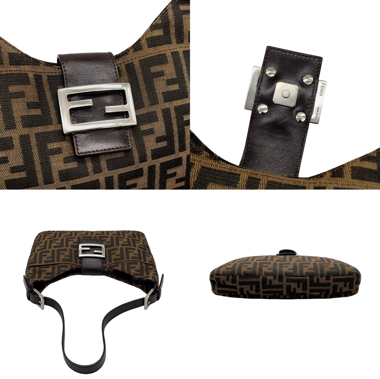 FENDI Zucca Canvas V-Shaped Mamma Baguette Shoulder Bag Brown &amp; Silver
