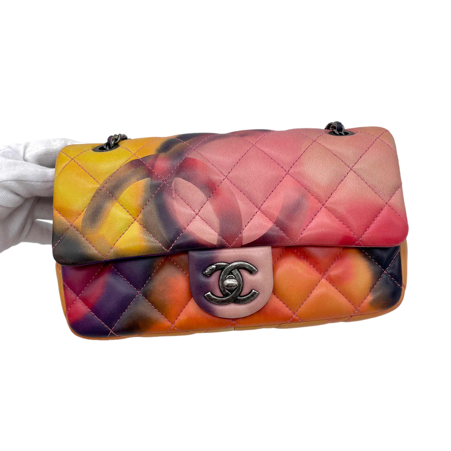 RARE☆☆☆☆☆CHANEL 2015 Limited Matelassé Flower Power Double Chain Mini Single Flap Bag Multicolor