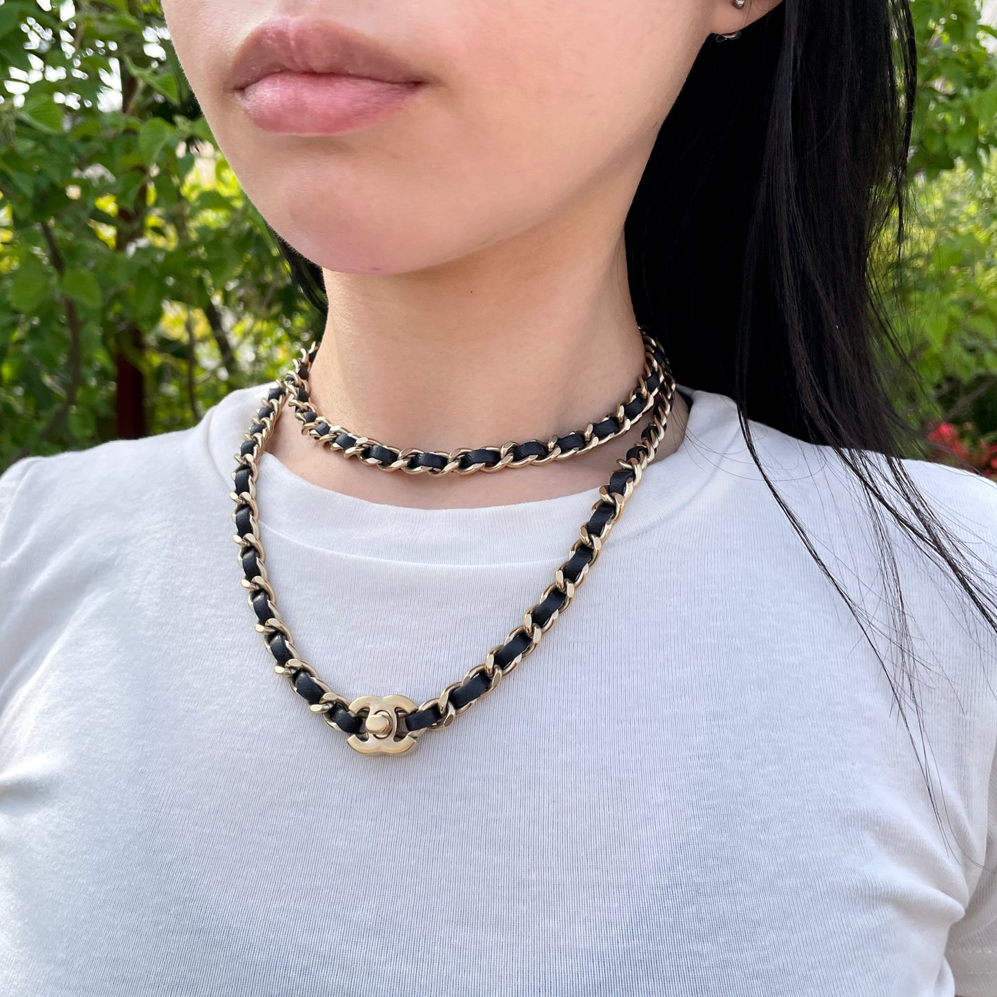 CHANEL Matelassé CC LOGO Trun Lock Necklace &amp; Chain Belt Black &amp; Gold