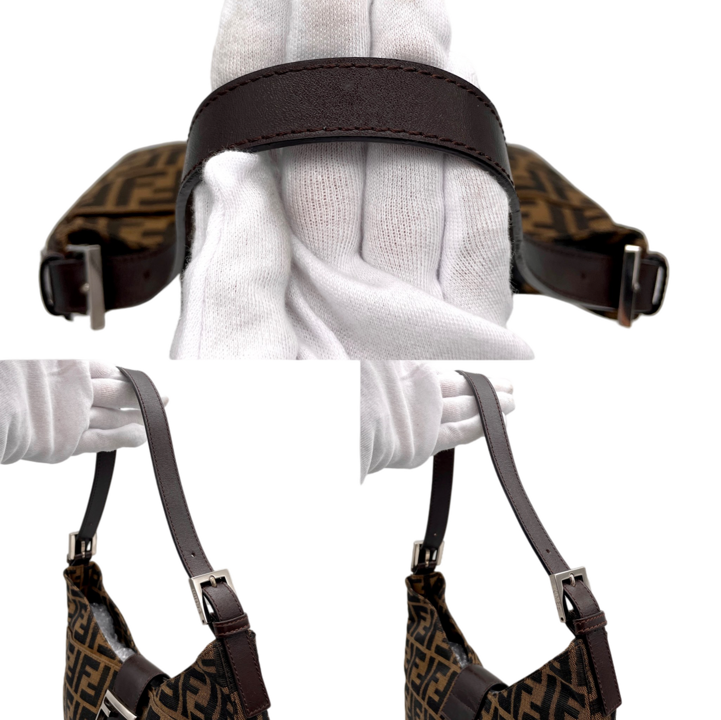 FENDI Zucca Canvas V-Shaped Mamma Baguette Shoulder Bag Brown &amp; Silver