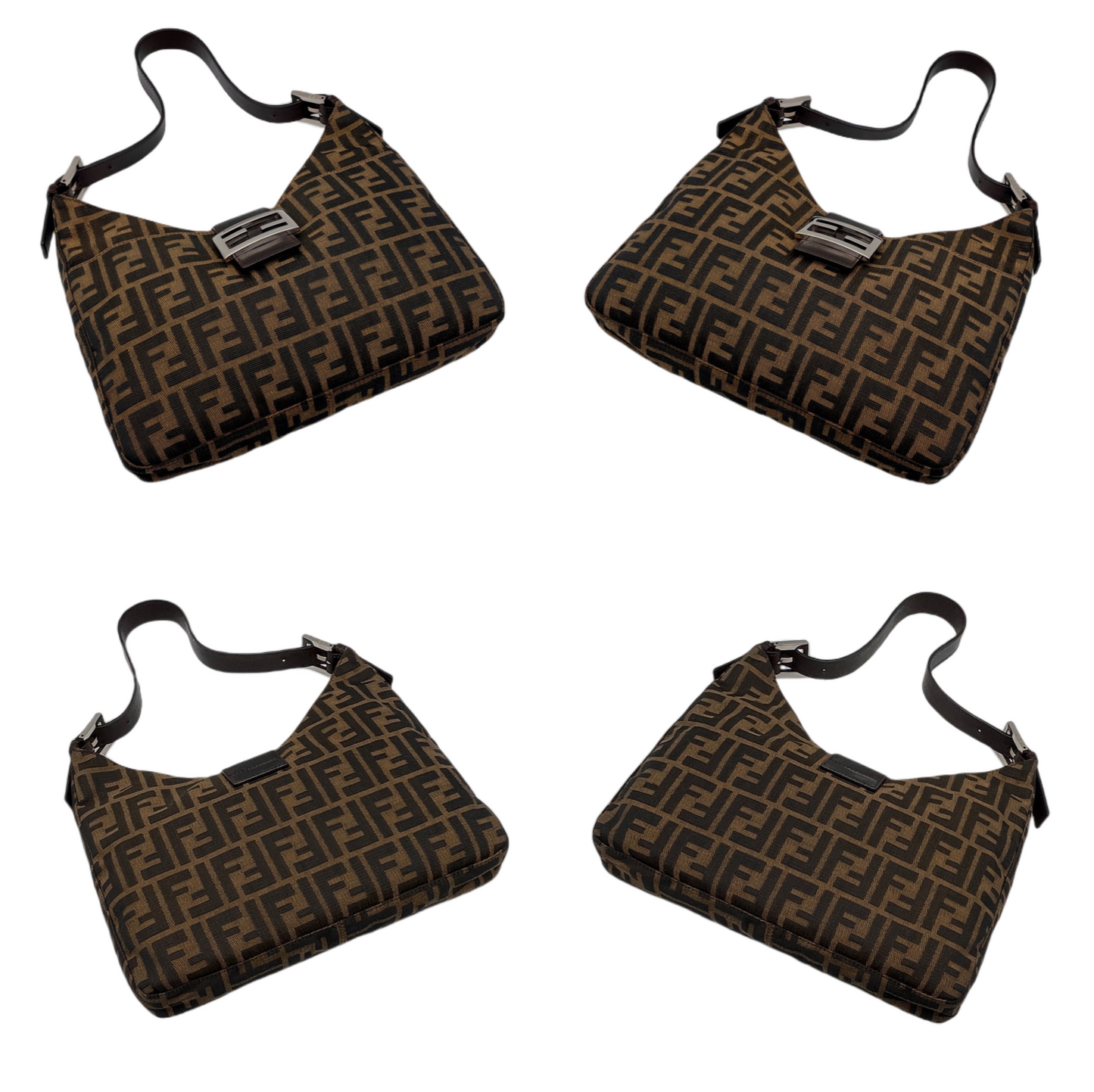 FENDI Zucca Canvas V-Shaped Mamma Baguette Shoulder Bag Brown &amp; Silver