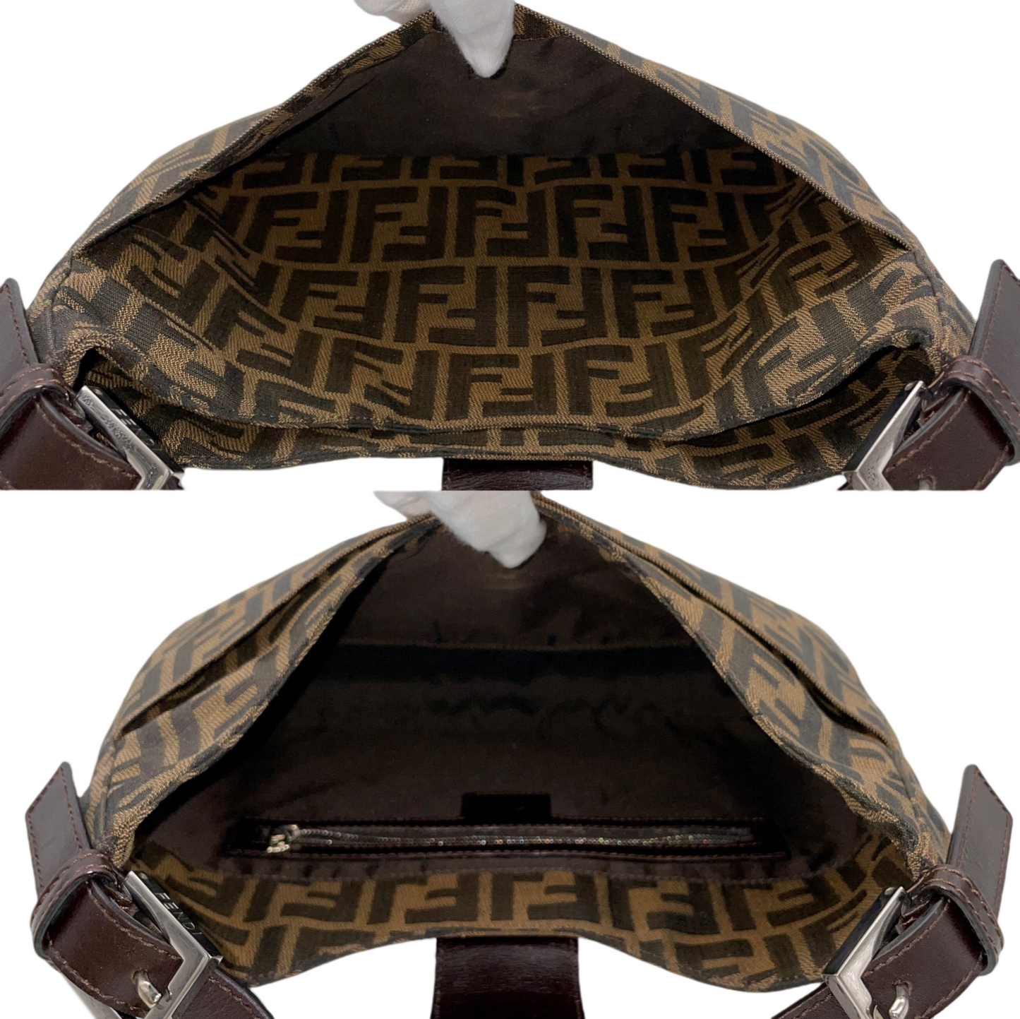 FENDI Zucca Canvas V-Shaped Mamma Baguette Shoulder Bag Brown &amp; Silver