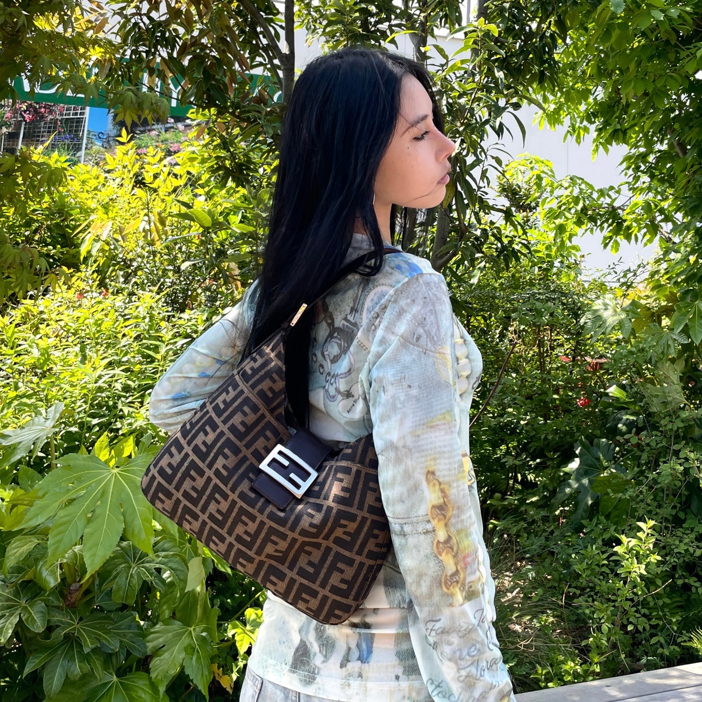 FENDI Zucca V-Shaped Mamma Baguette Shoulder Bag Brown & Silver