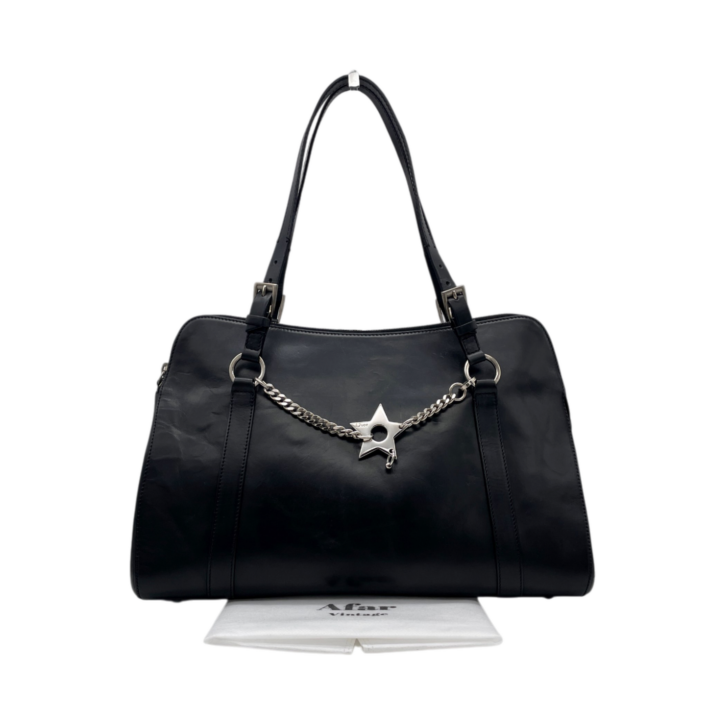 RARE★★★CHRISTIAN DIOR 2004 Hardcore Leather Star Charm Boston Top Handle Bag Medium Black/Silver