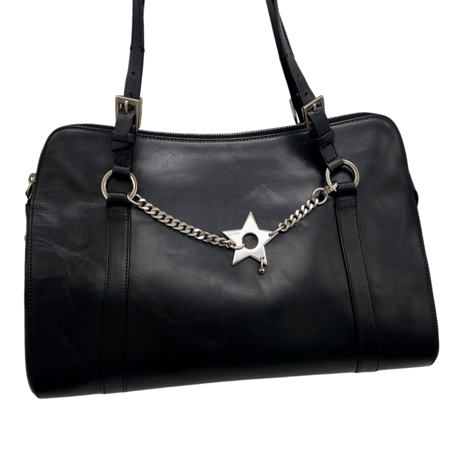 RARE★★★CHRISTIAN DIOR 2004 Hardcore Leather Star Charm Boston Top Handle Bag Medium Black/Silver