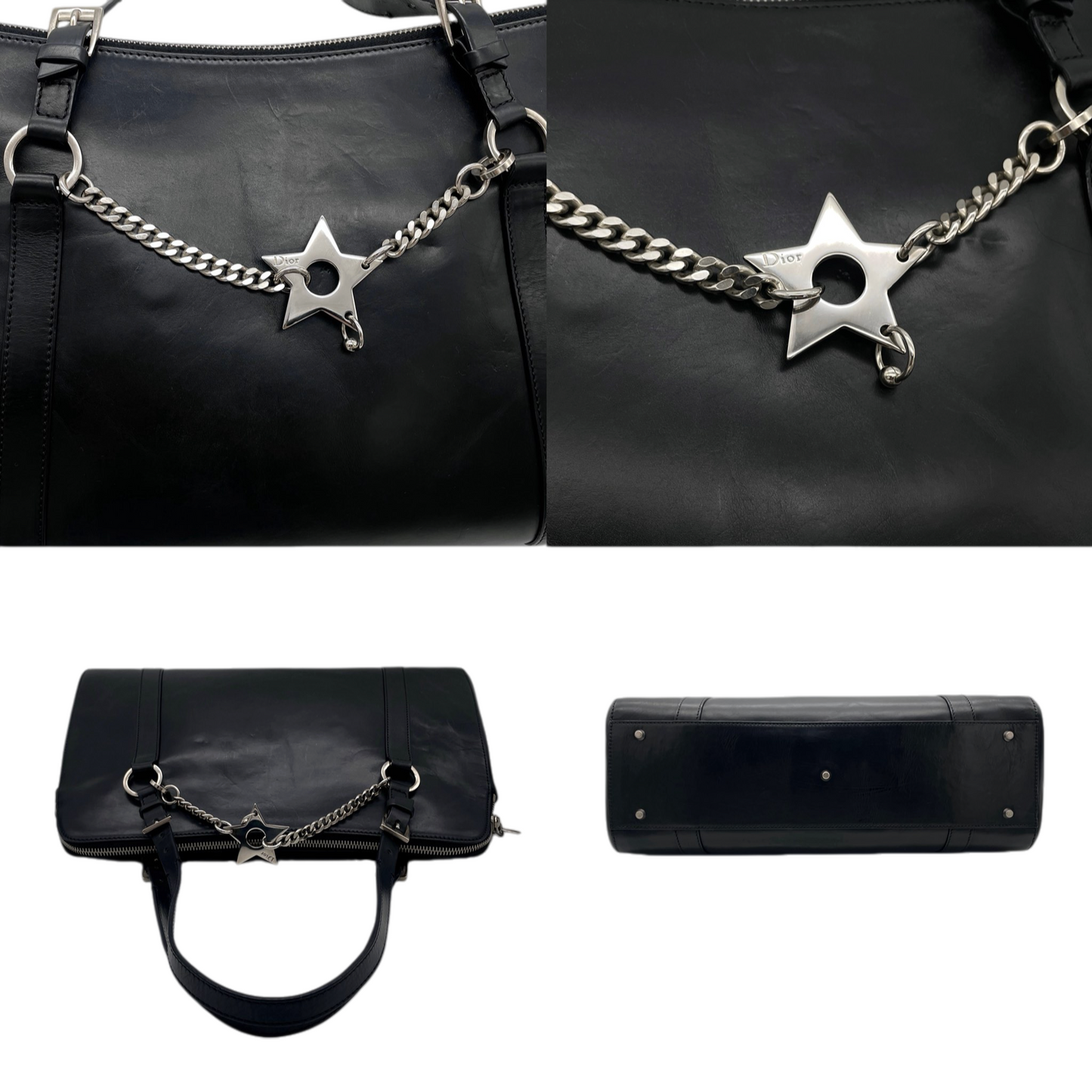 RARE★★★CHRISTIAN DIOR 2004 Hardcore Leather Star Charm Boston Top Handle Bag Medium Black/Silver