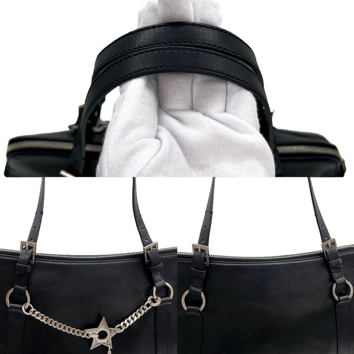 RARE★★★CHRISTIAN DIOR 2004 Hardcore Leather Star Charm Boston Top Handle Bag Medium Black/Silver