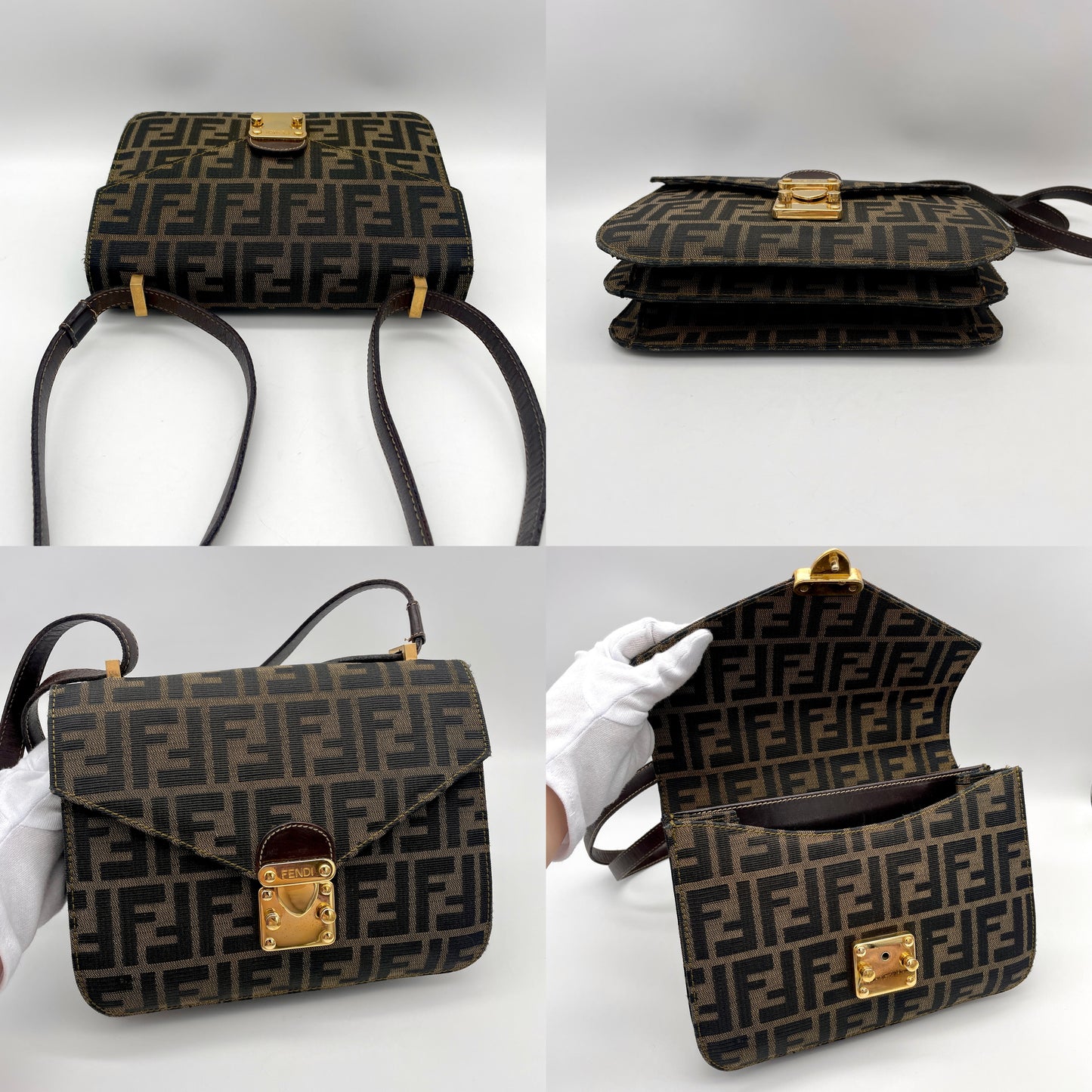 RARE☆☆☆☆FENDI ｽﾞｯｶ 2Wayｼｮﾙﾀﾞｰﾊﾞｯｸﾞ ﾌﾞﾗｳﾝ ｺﾞｰﾙﾄﾞ