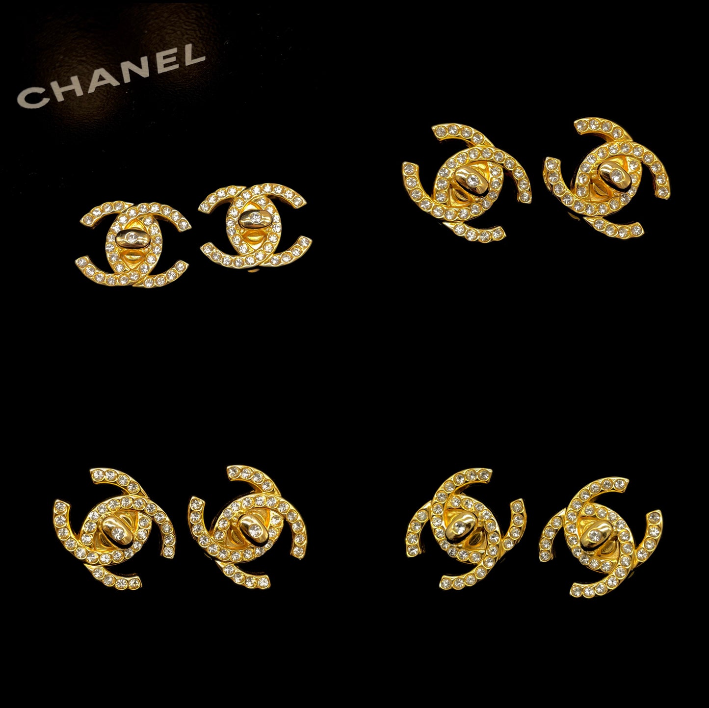 CHANEL Rhinestone Coco Mark Turnlock Earrings 96A