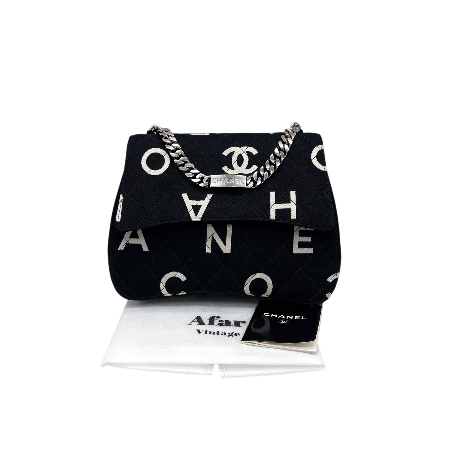 RARE★★★★CHANEL 1997 1995 SS Matelassé Canvas Chain-Handle C H A N E L Graffiti Top Handle Bag Small Black/White