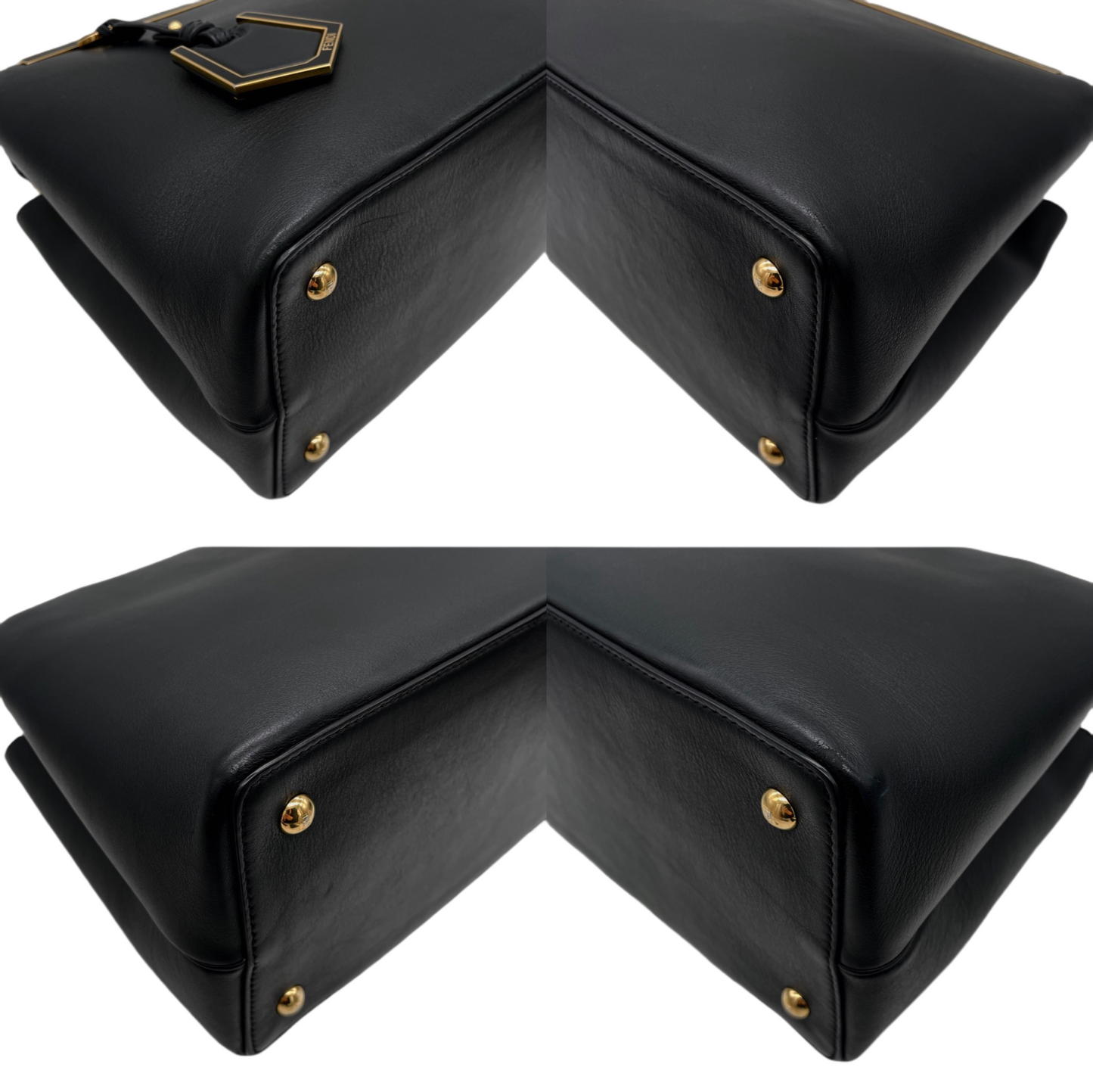 FENDI Petit 2Jours Leather 2Way Tote Hand Bag Black &amp; Gold