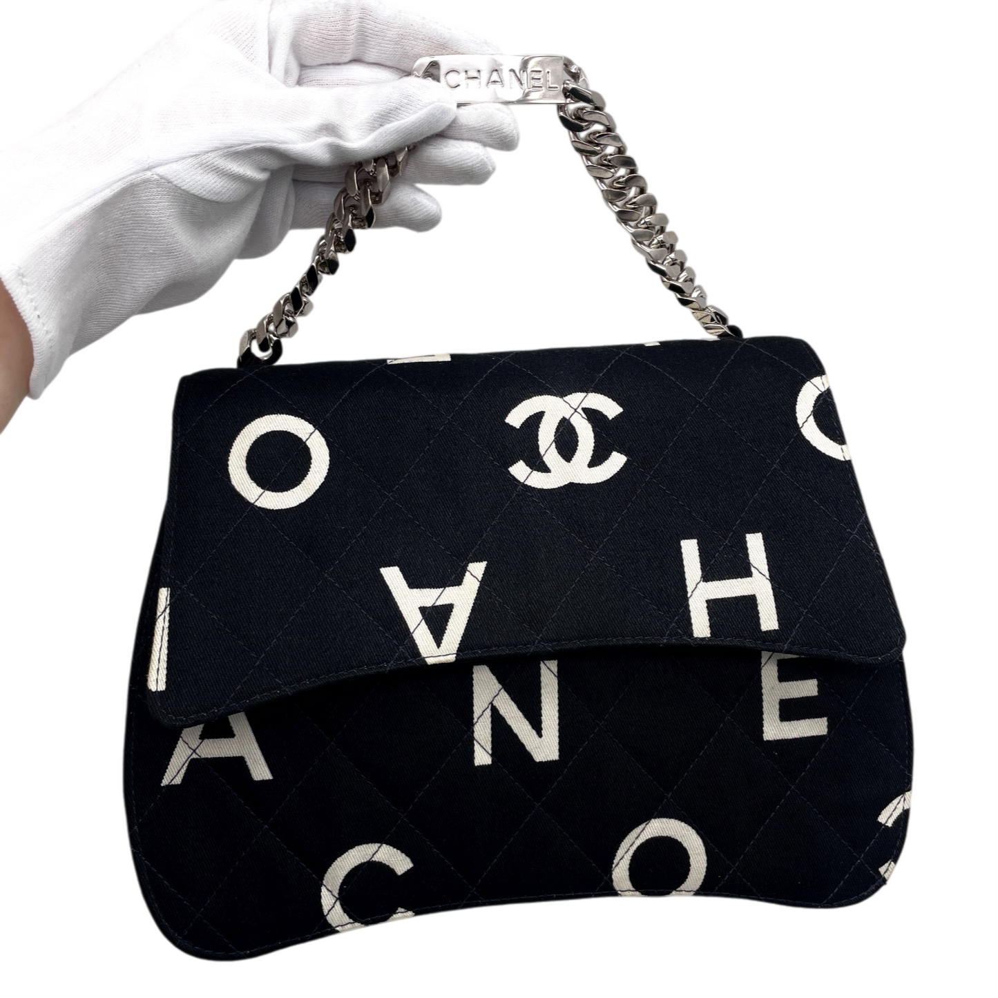RARE★★★★CHANEL 1997 1995 SS Matelassé Canvas Chain-Handle C H A N E L Graffiti Top Handle Bag Small Black/White
