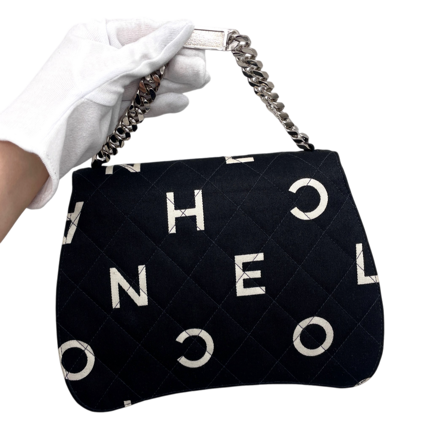 RARE★★★★CHANEL 1997 1995 SS Matelassé Canvas Chain-Handle C H A N E L Graffiti Top Handle Bag Small Black/White