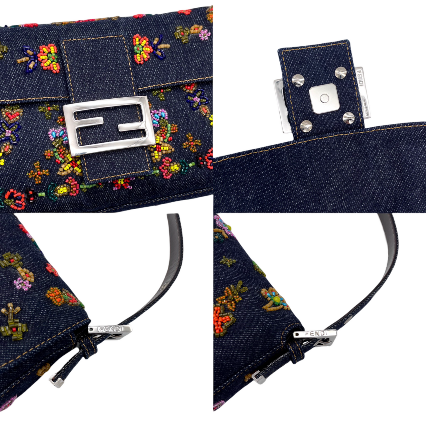 RARE☆☆☆☆ FENDI Denim Beaded Embroidery Mamma Baguette Shoulder Bag / 15th Anniversary Limited Edition