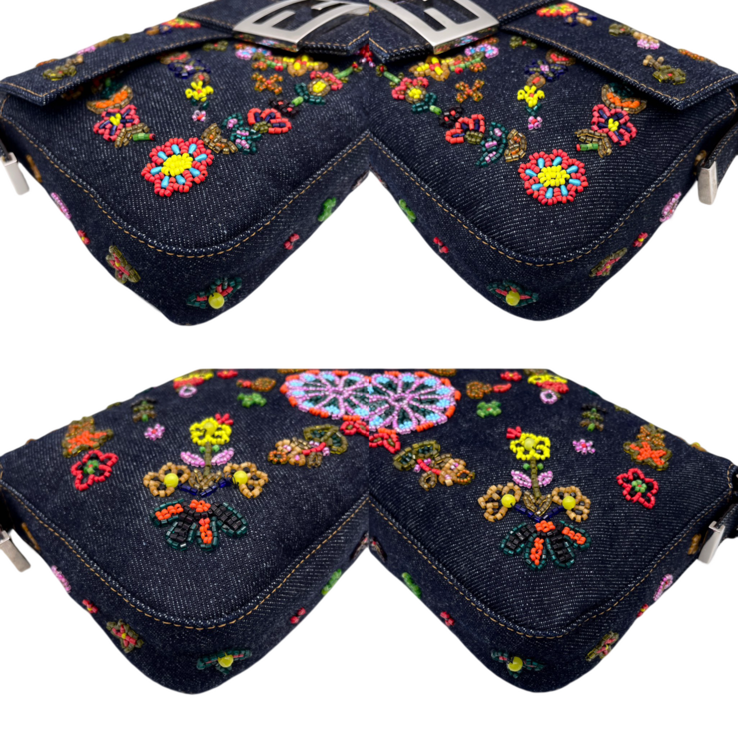 RARE☆☆☆☆ FENDI Denim Beaded Embroidery Mamma Baguette Shoulder Bag / 15th Anniversary Limited Edition