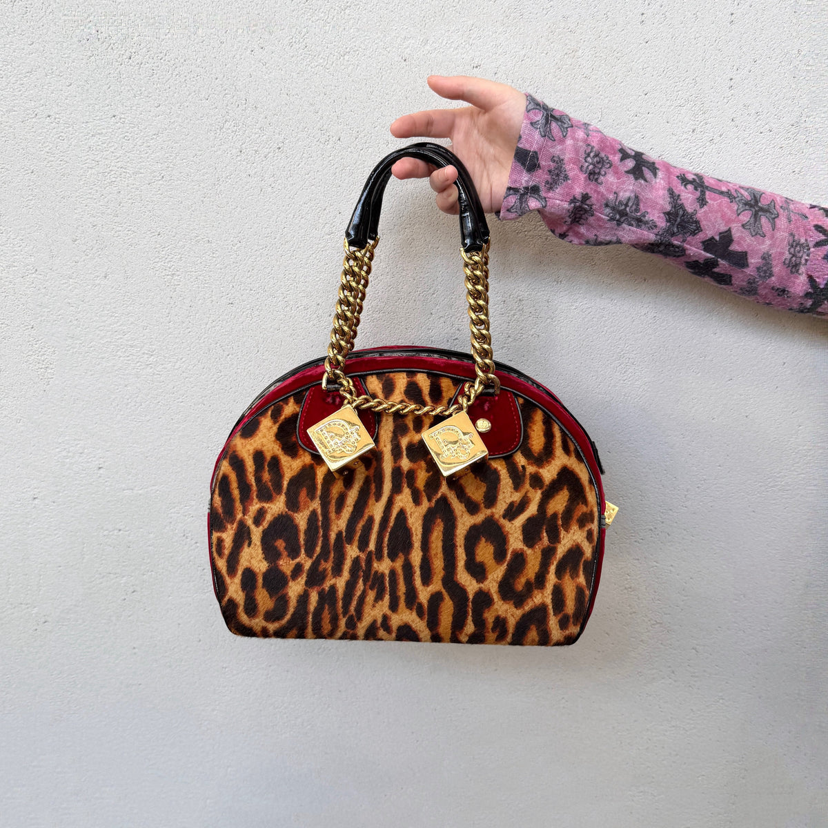 RARE★★★★★CHRISTIAN DIOR 2004 FW Leopard Print Pony Hair Velvet Dice Charm Gambler Bowling Top Handle Bag Medium Burgundy Brown Black