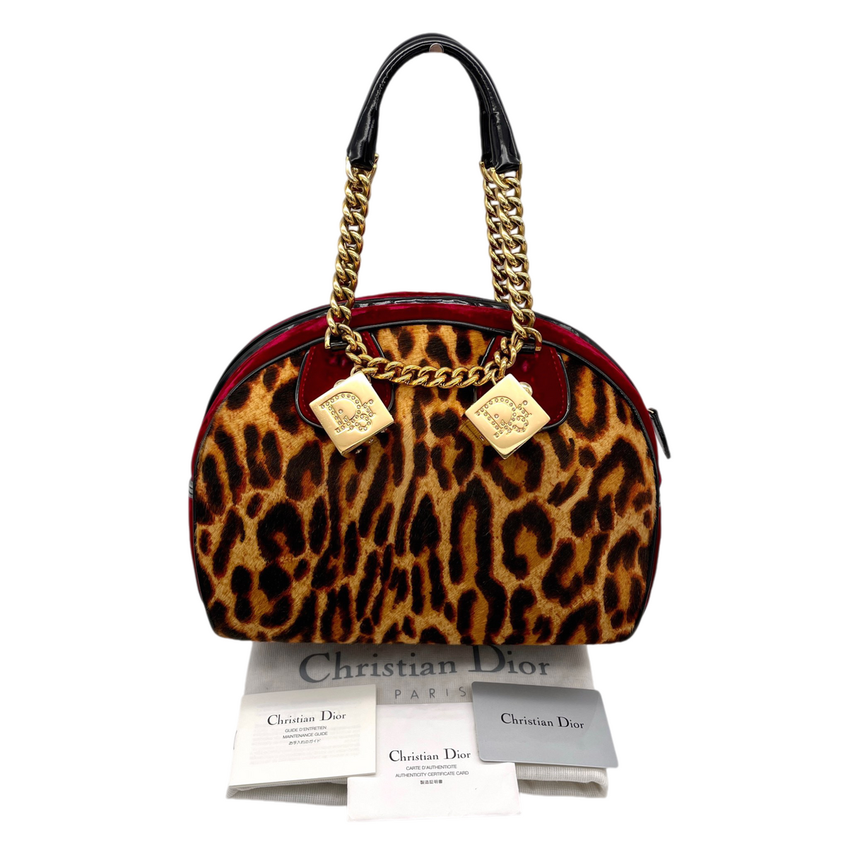 RARE★★★★★CHRISTIAN DIOR 2004 FW Leopard Print Pony Hair Velvet Dice Charm Gambler Bowling Top Handle Bag Medium Burgundy Brown Black